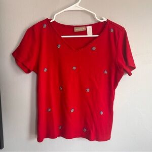 Vintage Liz Claiborne Lizwear Vneck Tee 3D Dainty Floral Red Blue Cotton M